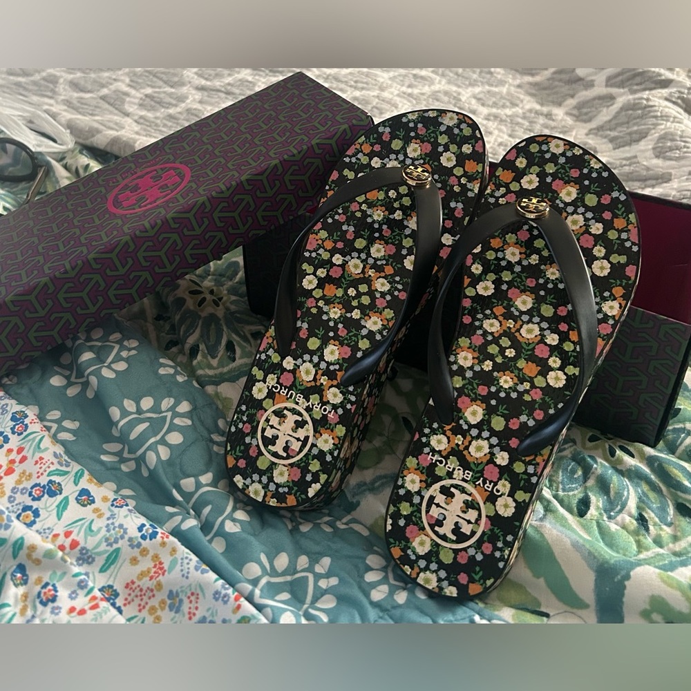 Tory Burch Black Floral Wedge Slides